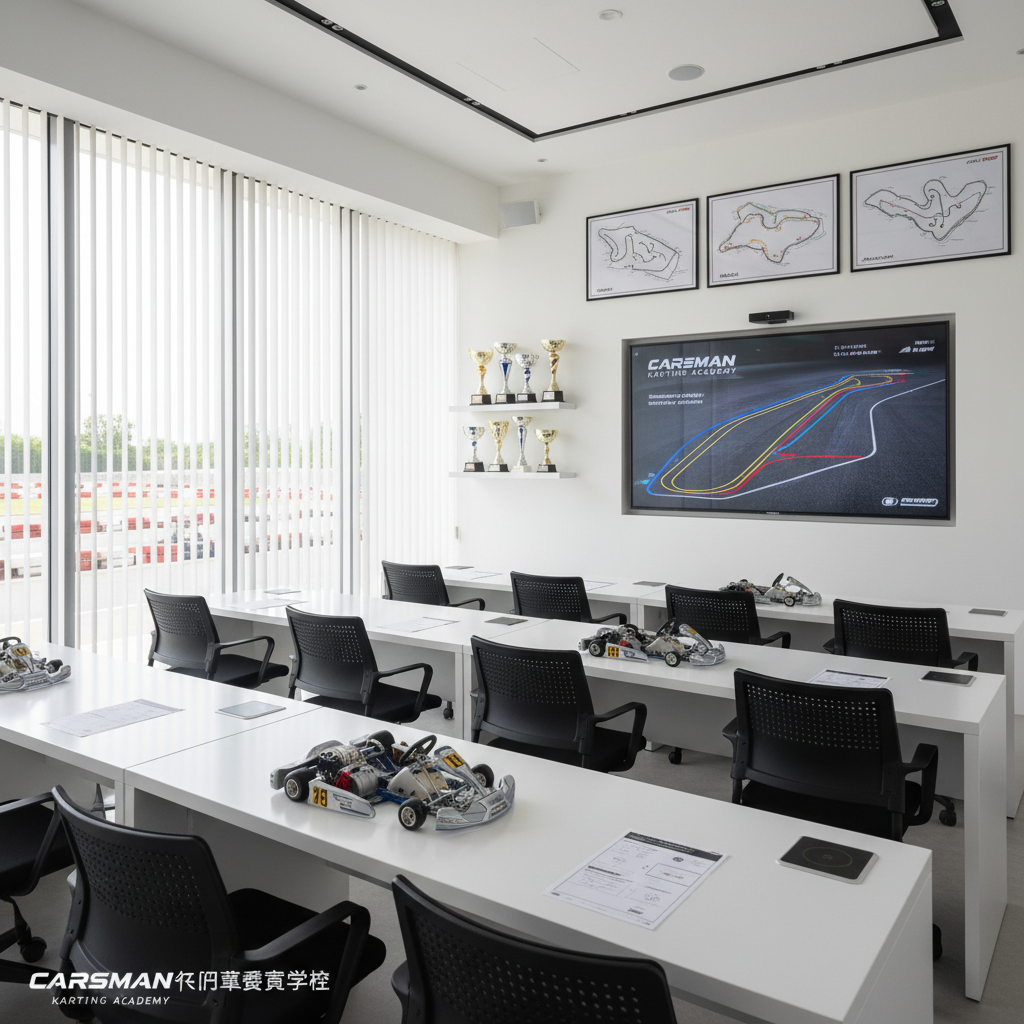 A wide photographic interior view of a modern kart racing classroom at Carsman卡丁車賽車學校, with rows of sleek white tables and black chairs facing a large wall-mounted screen displaying a colorful track map and ideal racing lines. On each table sits a model kart chassis and laminated strategy sheets. The walls are bright and minimal, adorned with framed circuit diagrams and neatly arranged championship trophies on a floating shelf. Large windows along one side offer a glimpse of the track in soft focus. Diffused daylight fills the room, softened by translucent blinds, creating a calm, focused atmosphere. Shot from a slightly elevated corner with sharp focus throughout, the composition feels spacious and orderly, reflecting a professional, educational environment in clean, modern photographic realism.