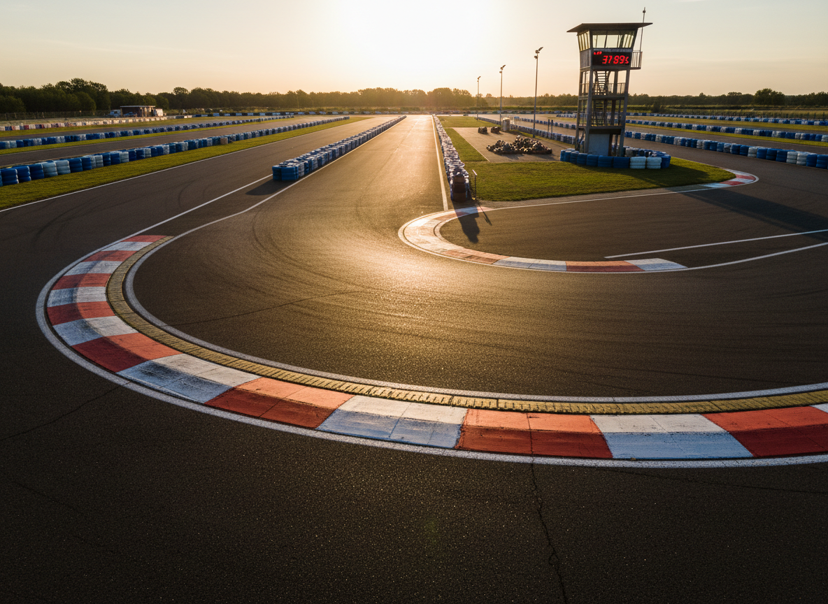 A dramatic photographic view from just above the apex of a tight corner on an international-standard kart track, focusing on the intricately painted red-and-white rumble strips and the smooth, dark racing line rubbered in near the inside curb. Beyond the corner, the long straight stretches into the distance, flanked by safety barriers and a tall timing tower with a digital display frozen on a sample lap time. The sky is in golden hour, casting warm, low-angle sunlight that produces long shadows from the barriers and rich, glowing highlights on the asphalt texture. The composition uses leading lines from the curbs to guide the eye, with sharp focus in the foreground and slight softness in the distance. The atmosphere is intense and competitive, appropriate for training from beginner to podium level, in vivid photographic realism.