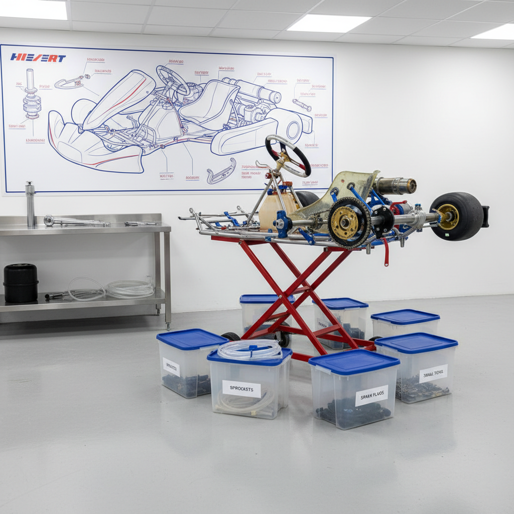 An organized kart maintenance bay at a professional racing school, featuring a stripped-down kart chassis mounted on a stand, exposing the tubular steel frame, rear axle, brake disc, and chain drive in precise detail. Around it, labeled plastic bins hold sprockets, spark plugs, and small tools, while neatly coiled fuel lines and a torque wrench rest on a stainless-steel work surface. The concrete floor is spotless with subtle reflections, and a clean white wall in the background displays a large printed diagram of a kart’s components. Bright, even workshop lighting from overhead LEDs creates minimal shadows, highlighting metallic surfaces and colored anodized parts. Captured at eye level with moderate depth of field, the composition feels technical, educational, and highly professional, emphasizing the school’s attention to safety, preparation, and engineering in clear photographic realism.