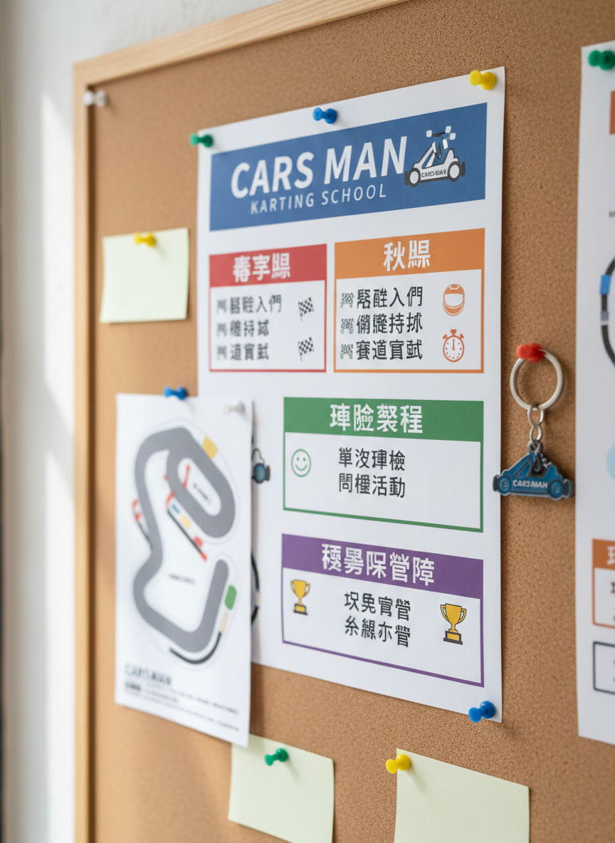 A close-up photographic image of a laminated seasonal course schedule for Carsman卡丁車賽車學校, pinned neatly to a modern cork board. The schedule is clearly designed with bold headings for 春季班, 秋季班, 體驗課程, and 寒暑假營隊, each in different accent colors, with clean typography and icons for levels from beginner to advanced podium training. Around the board are subtle details: a track layout flyer, a small branded keychain shaped like a kart, and colored pushpins. Soft, diffused indoor lighting from a nearby window creates gentle highlights on the lamination and a faint shadow on the wall. Shot at eye level with shallow depth of field, the focus is crisp on the text while the edges blur slightly. The mood is organized and aspirational, communicating structured learning in a clean photographic style.