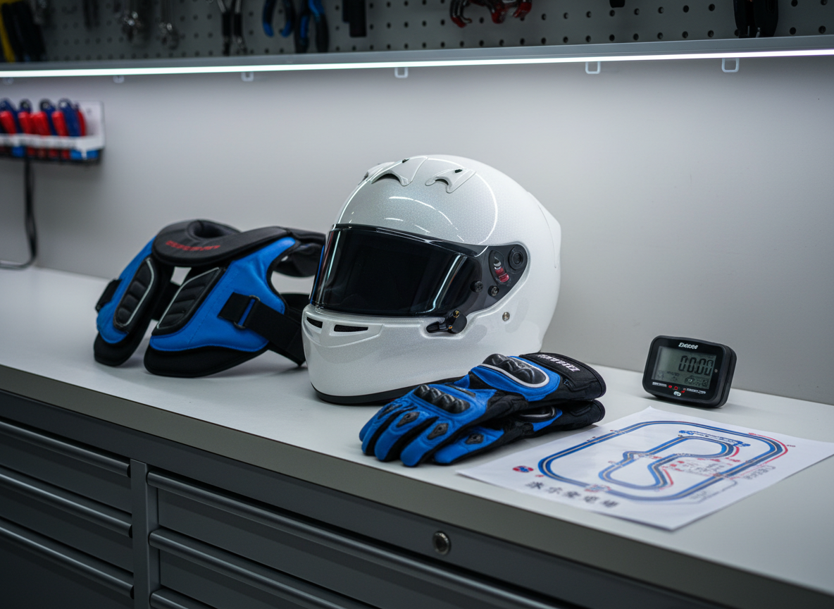 A set of neatly arranged kart racing equipment laid out on a clean workbench at a professional kart school, including a full-face aerodynamic helmet with a glossy white shell and subtle metallic flakes, a neck brace, rib protector, and a pair of well-padded racing gloves in blue and black. Nearby lie a detailed track map of 永安賽車場 printed on laminated paper and a small digital lap timer. The workbench surface is smooth light-gray, with tool drawers beneath and a pegboard wall softly out of focus behind. Overhead LED workshop lighting casts even, cool-toned illumination, creating crisp, minimal shadows and highlighting textures in the fabrics and plastic. Shot from a slightly elevated angle with shallow depth of field, the mood is professional, orderly, and safety-focused, in a clean, modern photographic style.
