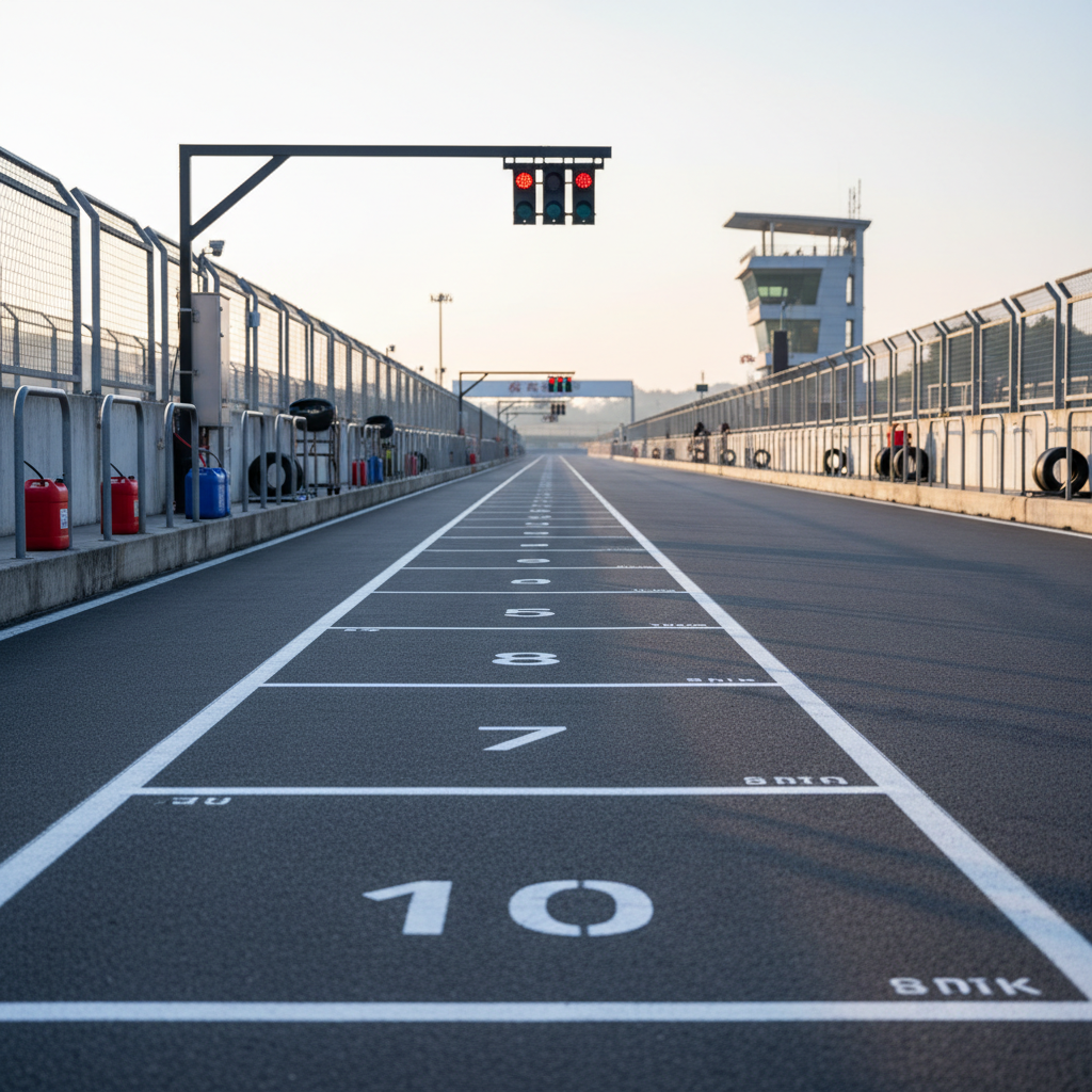 A photographic scene of a starting grid prepared for a training session, showing empty grid boxes painted in crisp white on dark asphalt, each numbered in bold, clean typography. Low barriers separate the grid from the pit lane, where fuel cans, tire trolleys, and a digital starting light gantry stand poised above. The background reveals the main straight of 永安賽車場, with safety fencing and a distant control tower in soft focus. Early morning light bathes the scene in a cool, fresh tone, with long, soft shadows stretching across the tarmac, suggesting anticipation before activity begins. Captured at a low, forward-facing angle down the grid, the converging lines draw the eye toward the horizon. The mood is focused and disciplined, ideal to represent structured coaching and race preparation, in realistic, high-resolution photography.